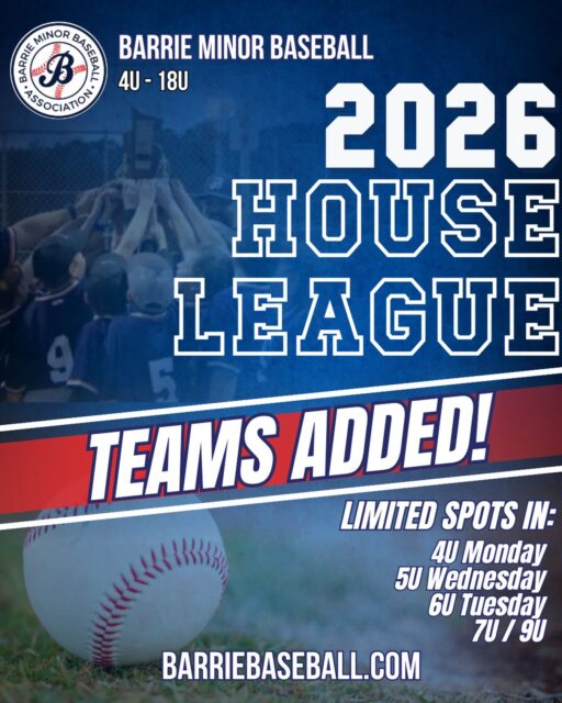 2026 House League - Teams Added!

The demand was so high that we have added teams to our 2026 House League season to support all the aspiring players!

Invites from the waitlist have been sent out and we have limited sports in the following:
4U Monday
5U Wednesday
6U Tuesday
7U
9U

Register now at barriebaseball.com